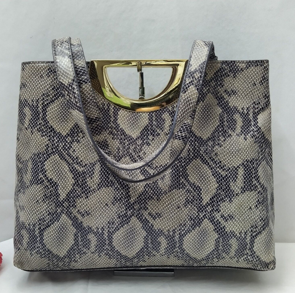 G.I.L.I. Gray Leather Snakeskin Embossed Double Handle Tote Shoulder Bag